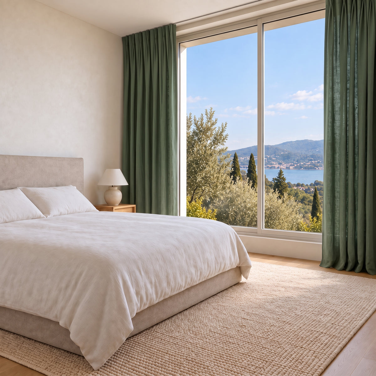 Rideau Lin Vert chic dans une chambre lumineuse