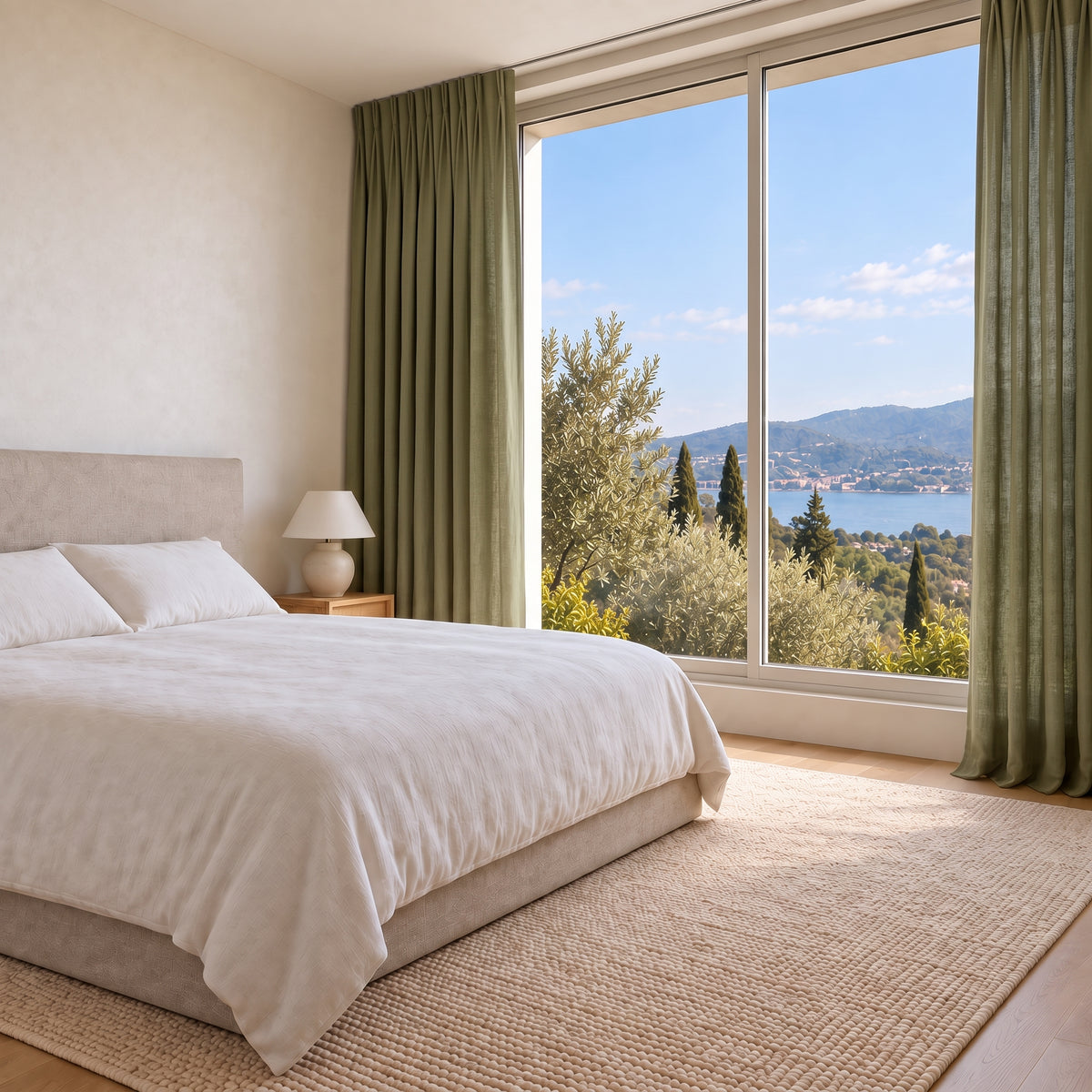 Rideau Lin Vert Olive chic dans une chambre lumineuse