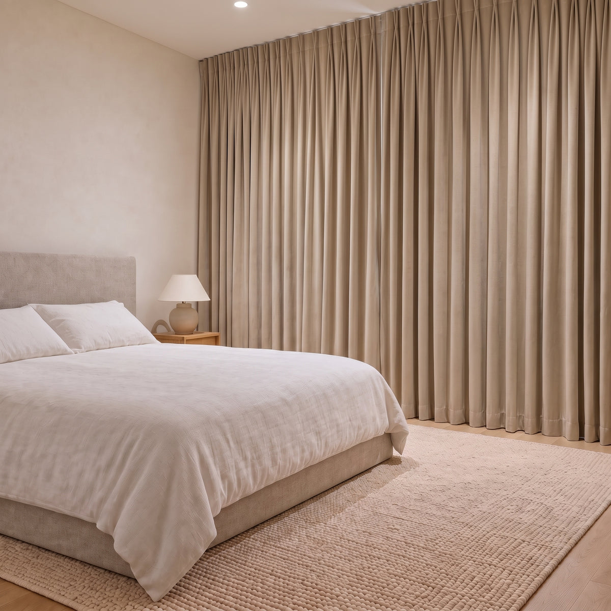 Rideau Velours Beige fermé dans une chambre, pénombre douce