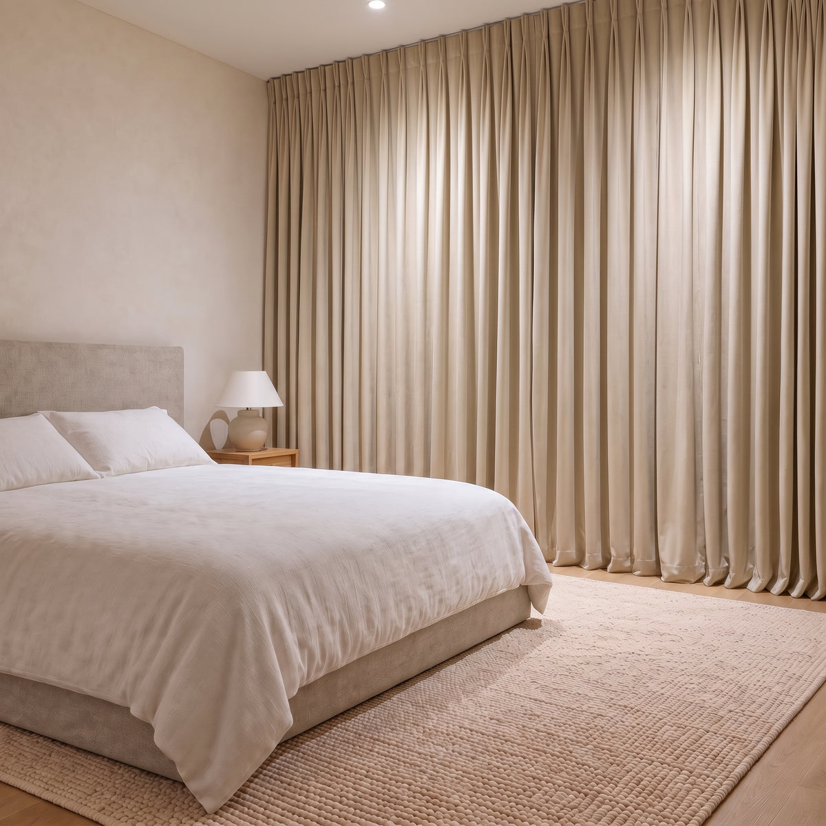Rideaux Velours Beige Clair fermé dans une chambre, pénombre douce