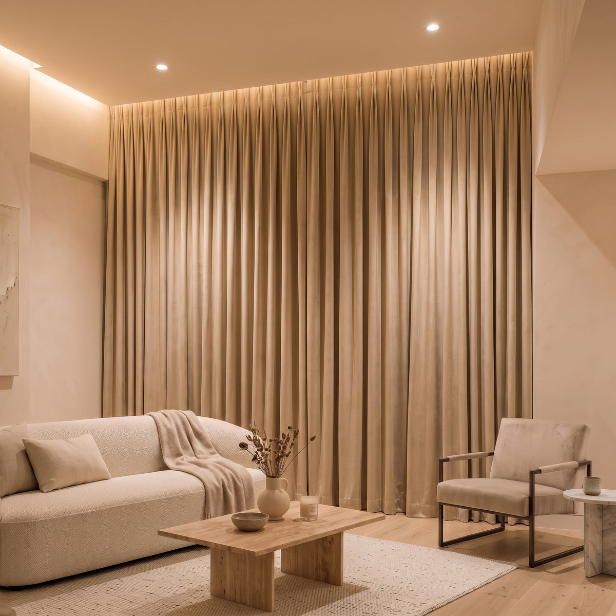 Rideaux Velours Beige Clair fermé dans un salon, lumière tamisée