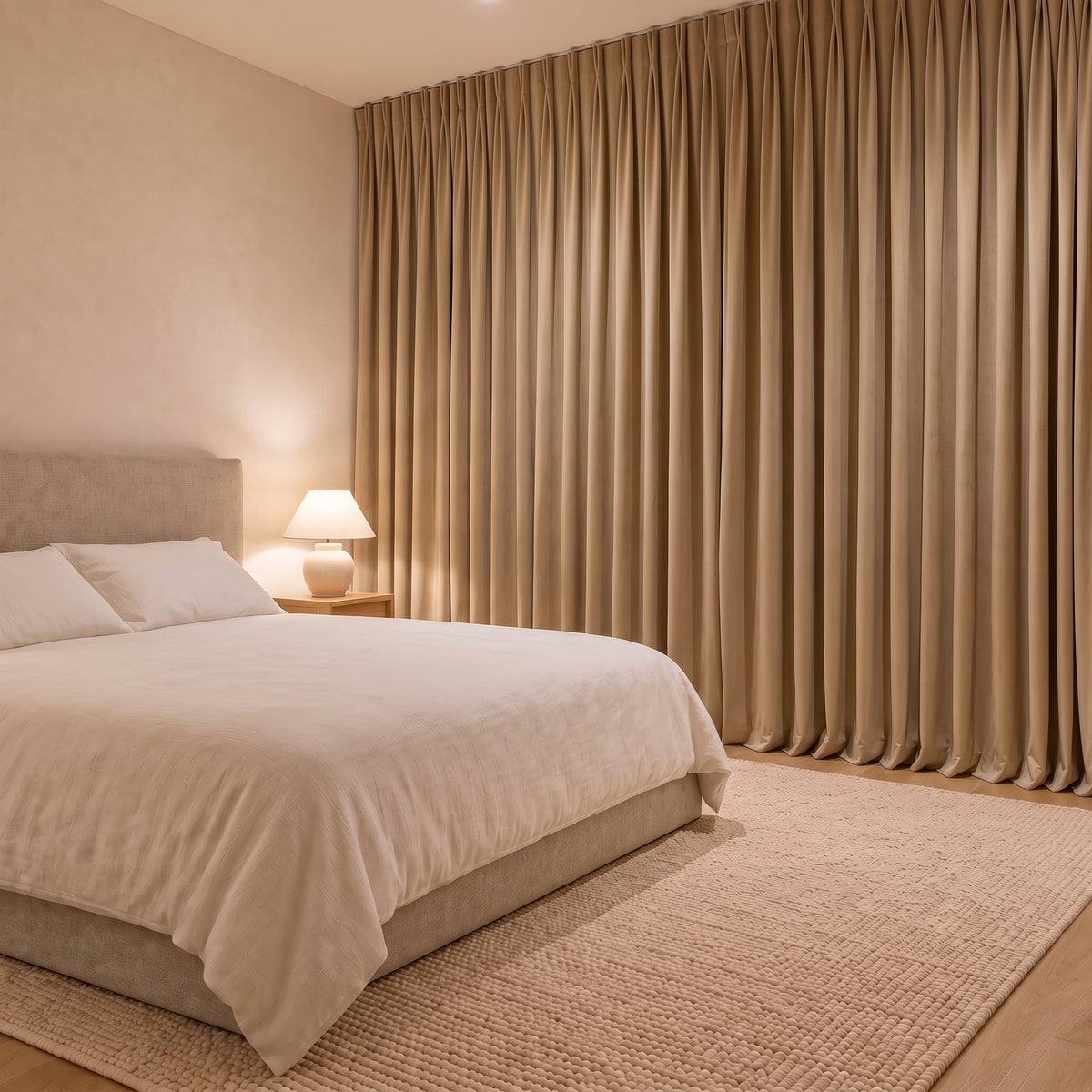 Rideau Velours Beige Doré fermé dans une chambre, pénombre douce