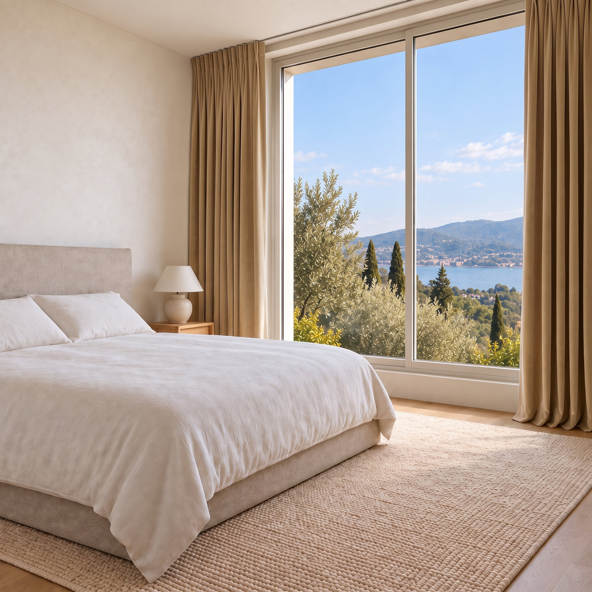 Rideau Velours Beige Doré raffiné dans une chambre lumineuse