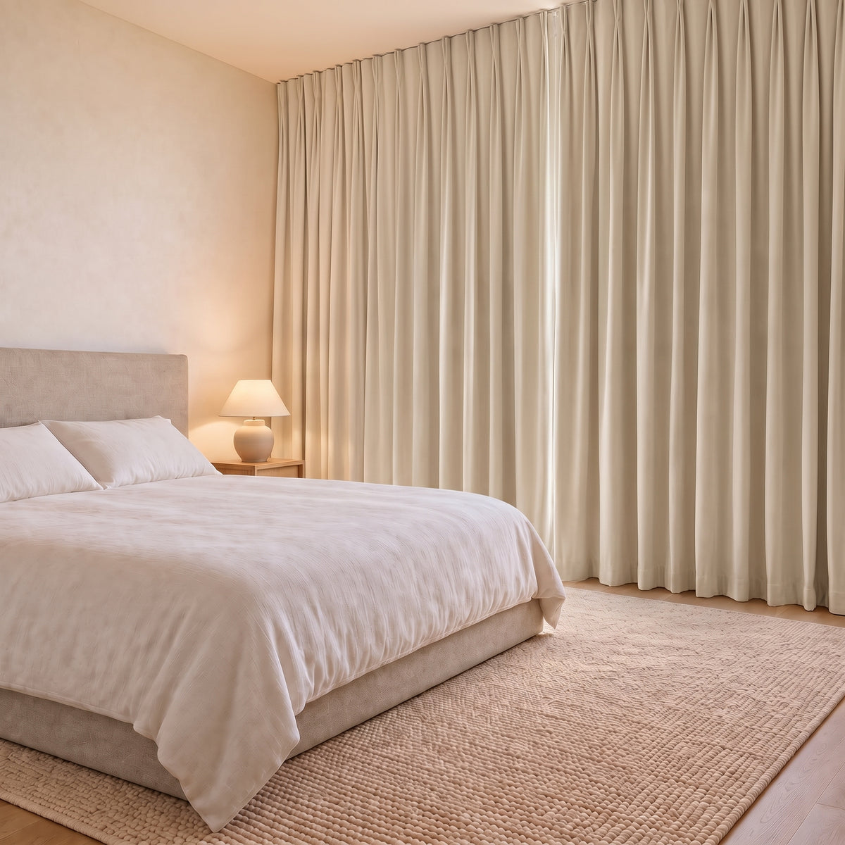 Rideaux Velours Blanc Cassé fermé dans une chambre, pénombre douce