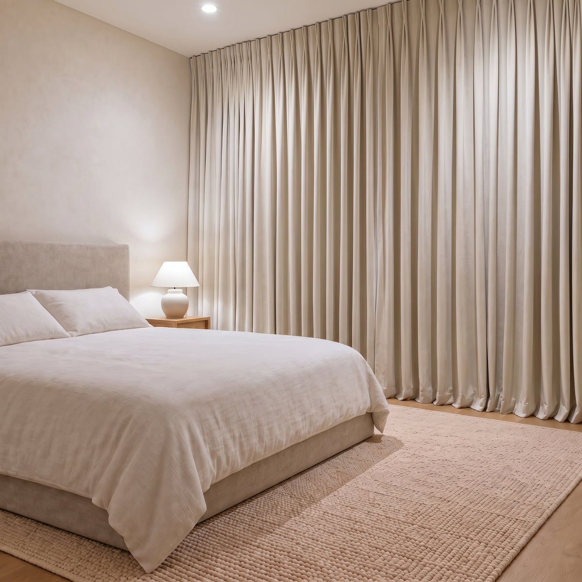 Rideau Velours Blanc fermé dans une chambre, pénombre douce