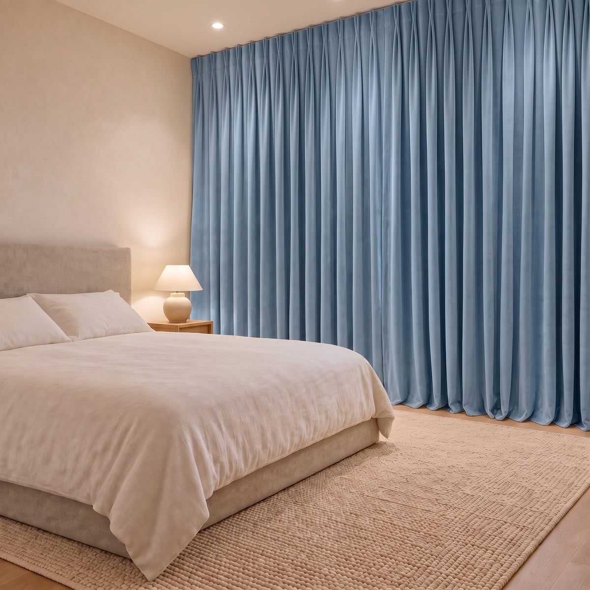 Rideaux Velours Bleu Clair fermé dans une chambre, pénombre douce