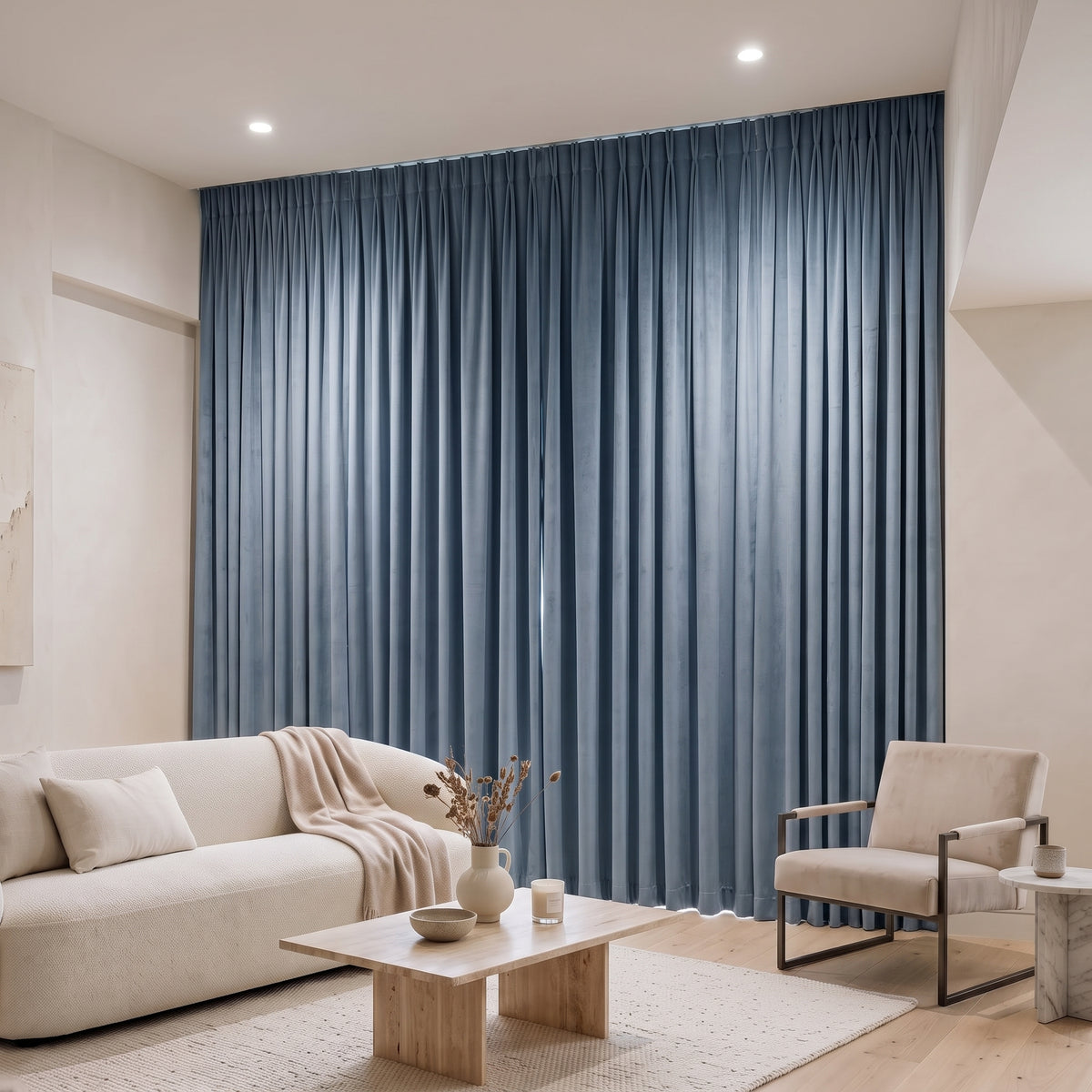Rideau Velours Bleu Gris fermé dans un salon, lumière tamisée