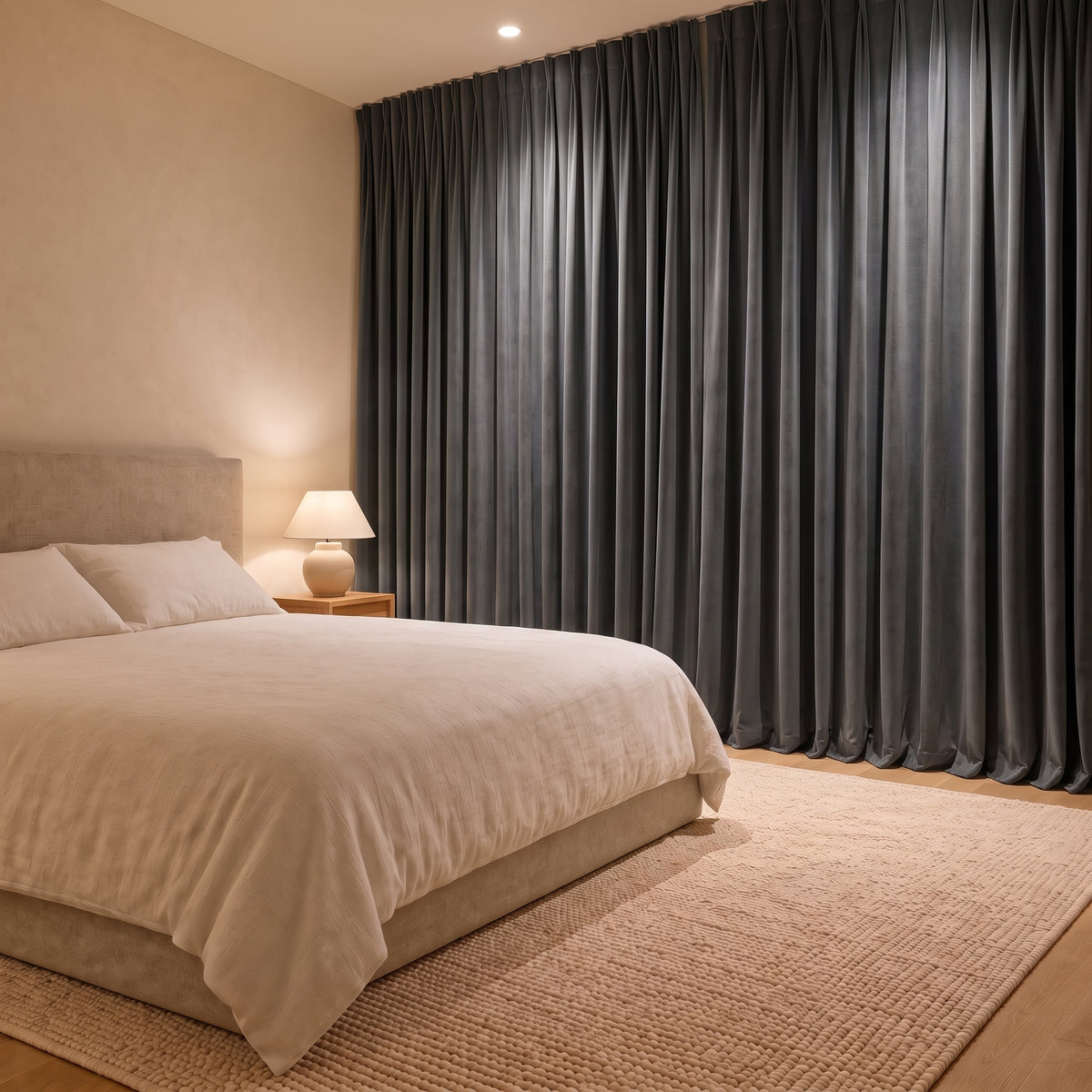 Rideau Velours Gris Anthracite fermé dans une chambre, pénombre douce