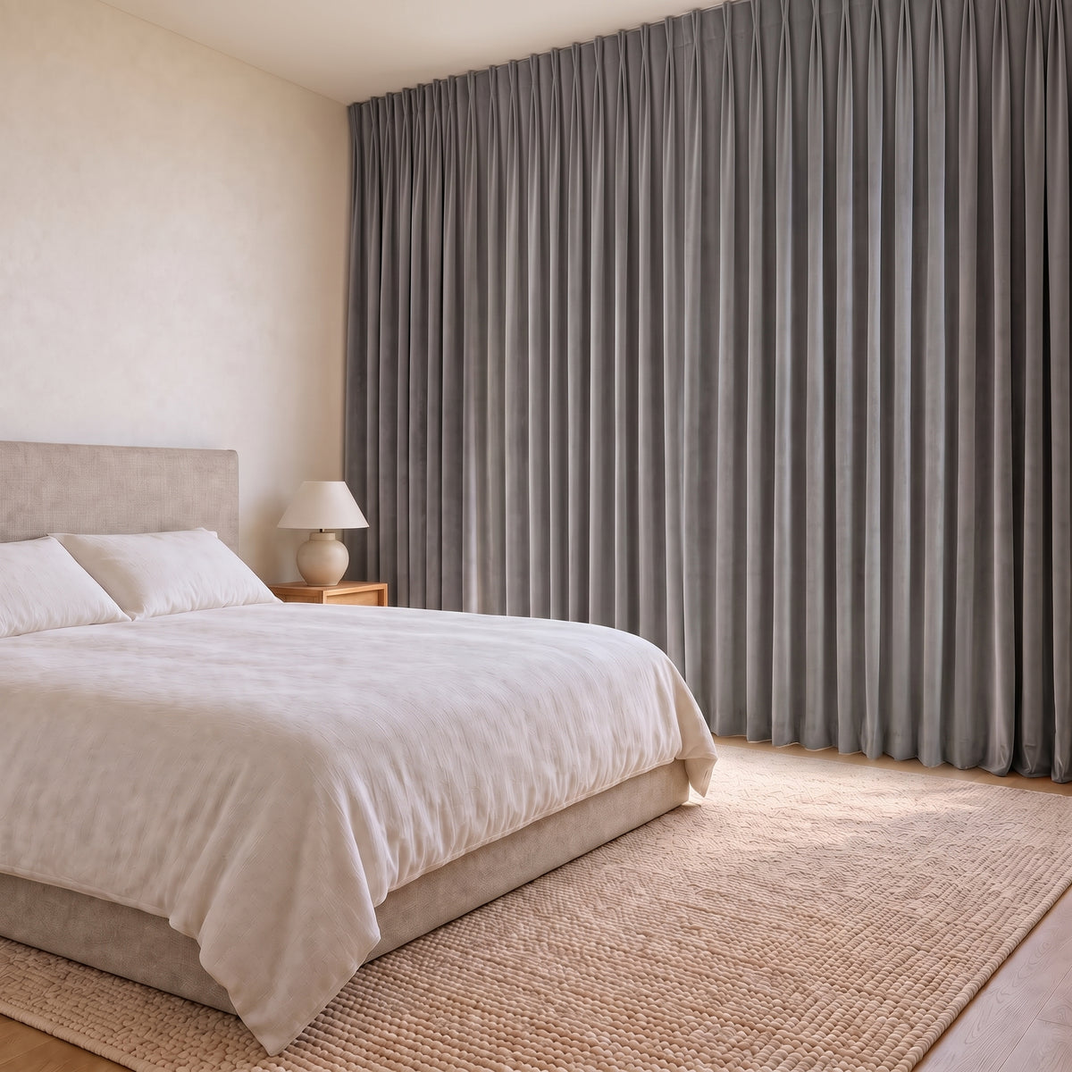 Rideaux Velours Gris fermé dans une chambre, pénombre douce