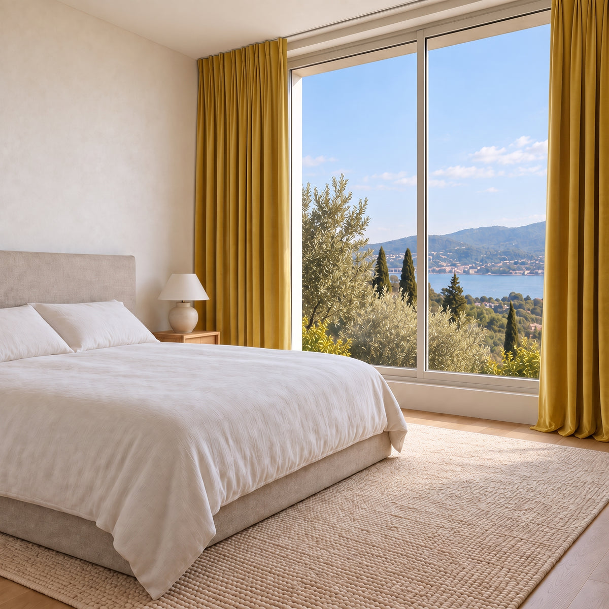 Rideau Velours Jaune chic dans une chambre lumineuse