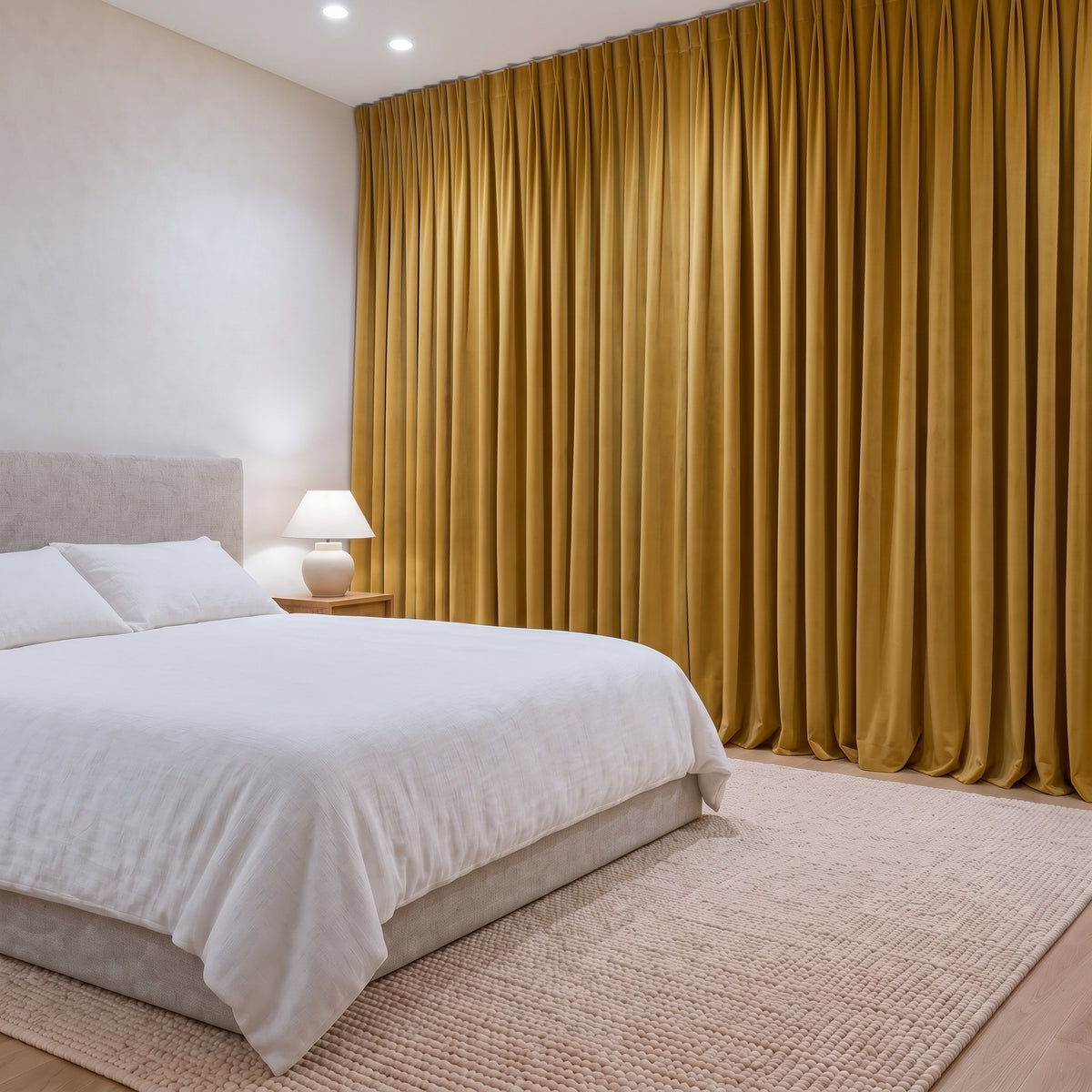 Rideau Velours Camel fermé dans une chambre, pénombre douce