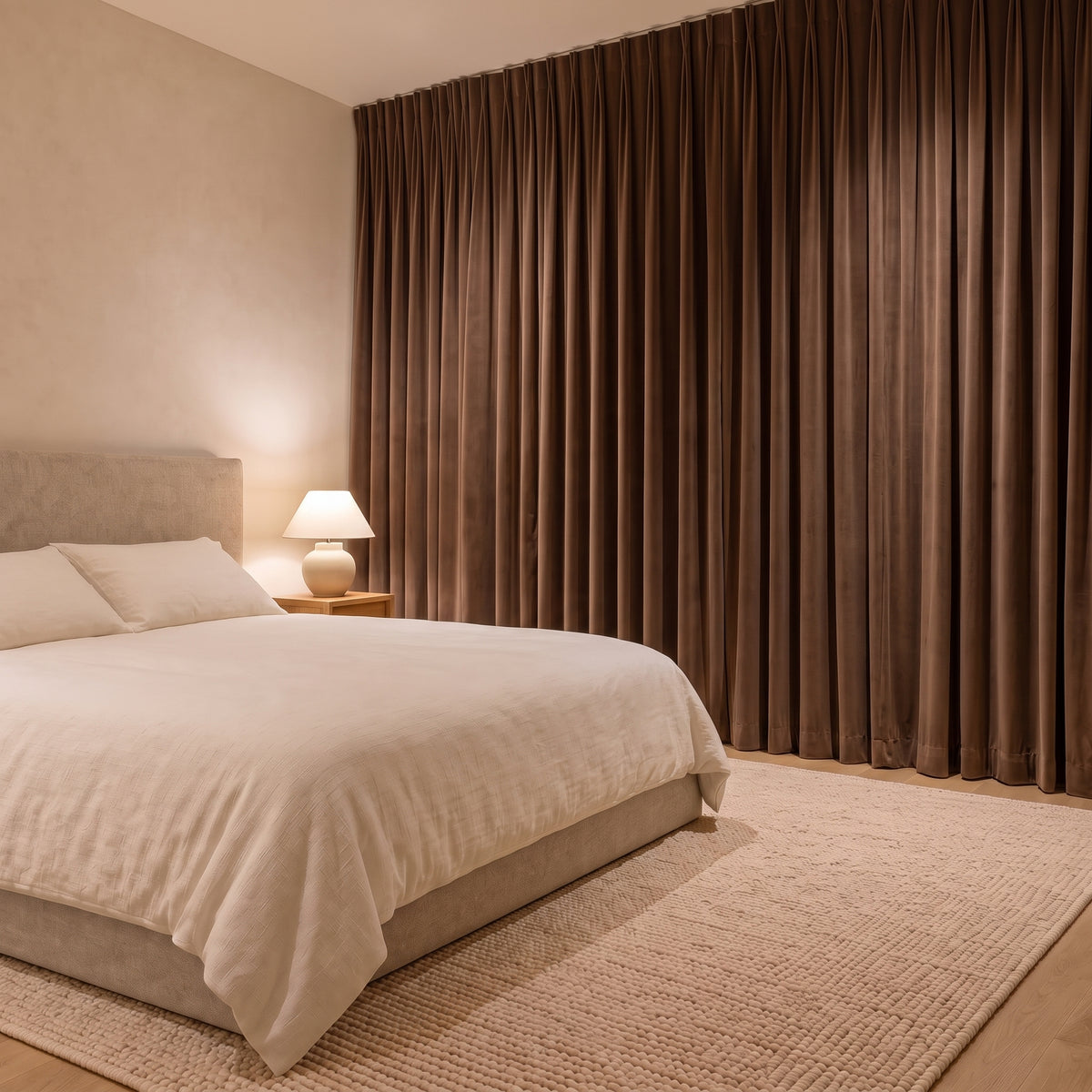 Rideaux Velours Marron fermé dans une chambre, pénombre douce