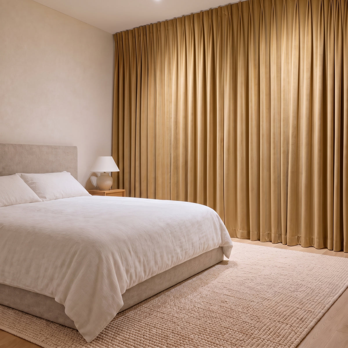 Rideaux Velours Ocre fermé dans une chambre, pénombre douce