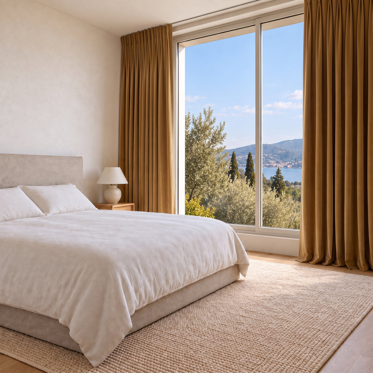 Rideaux Velours Ocre chic dans une chambre lumineuse