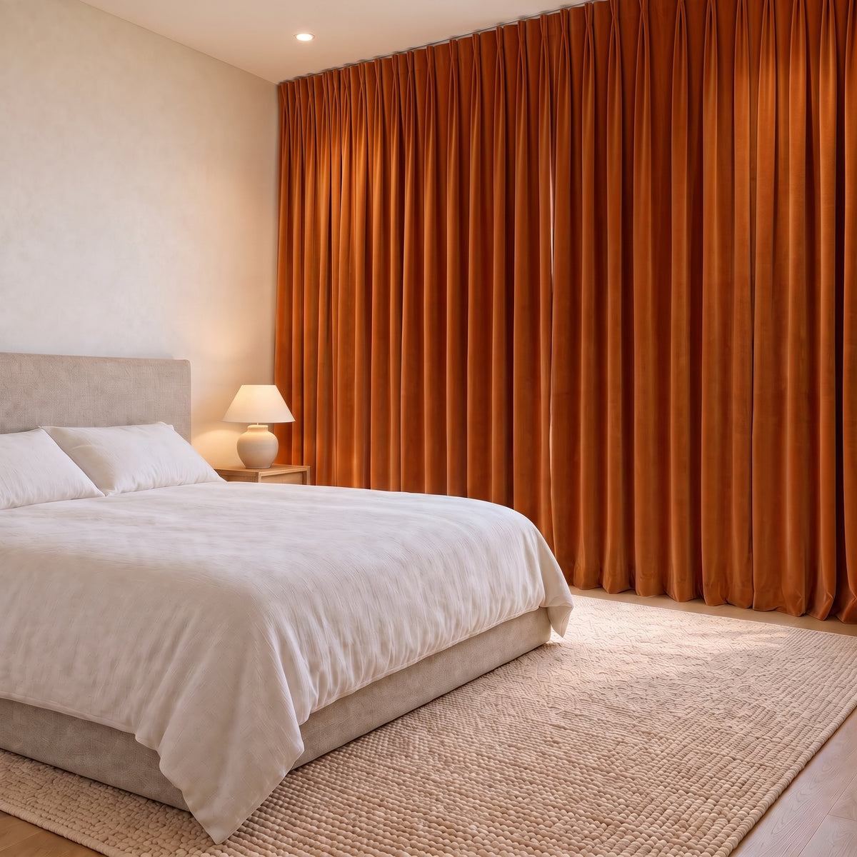 Rideau Velours Orange fermé dans une chambre, pénombre douce