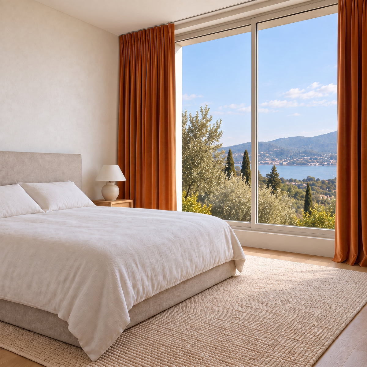 Rideau Velours Orange moderne dans une chambre lumineuse