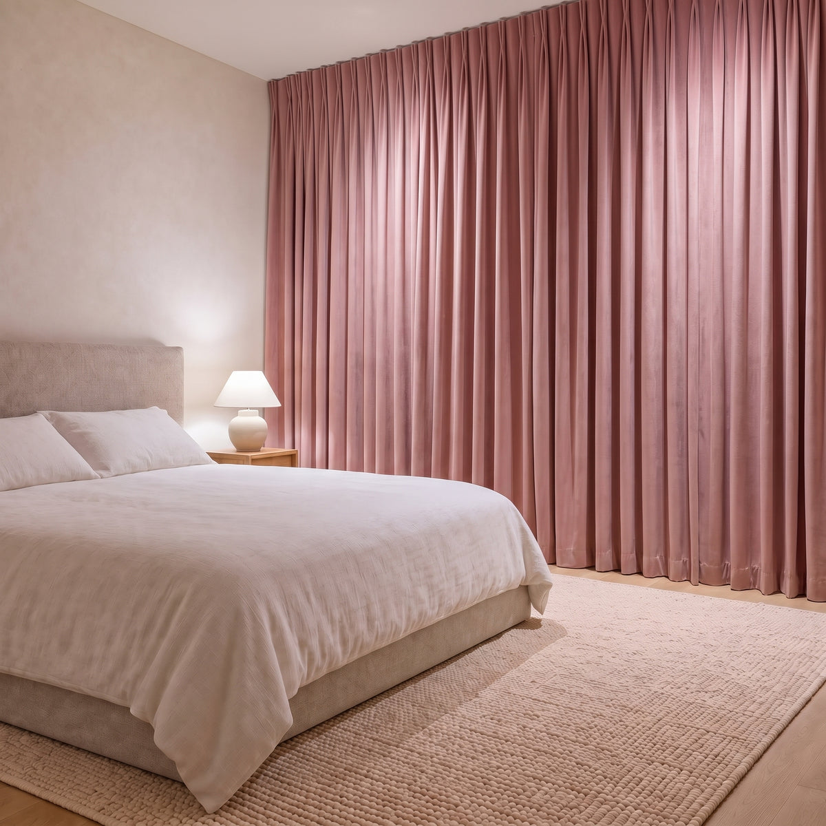 Rideau Velours Rose fermé dans une chambre, pénombre douce