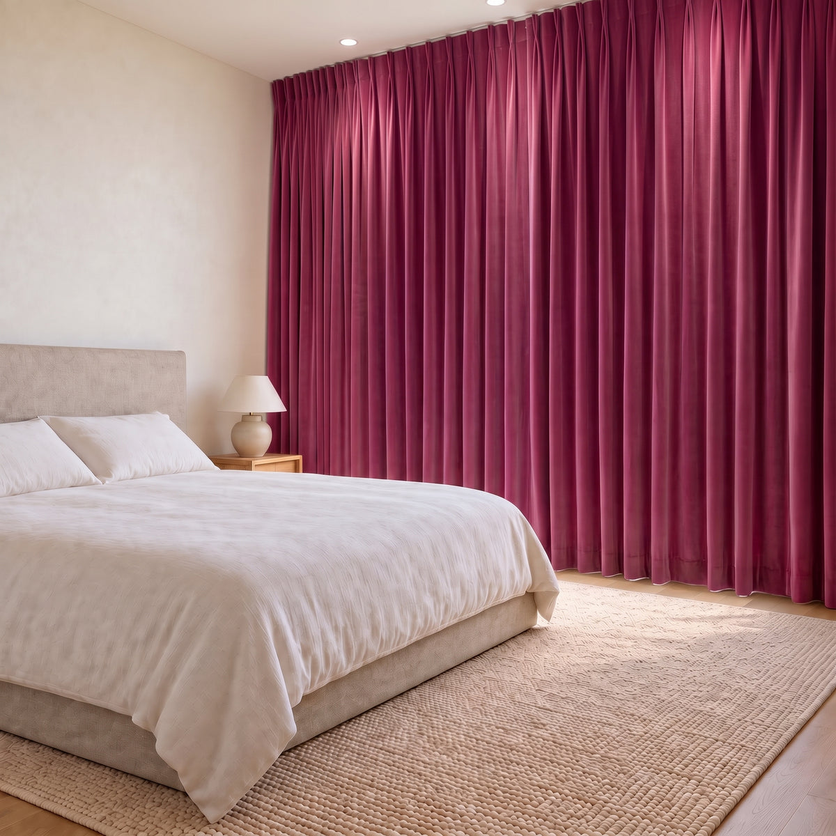 Rideaux Velours Rose Fushia fermé dans une chambre, pénombre douce