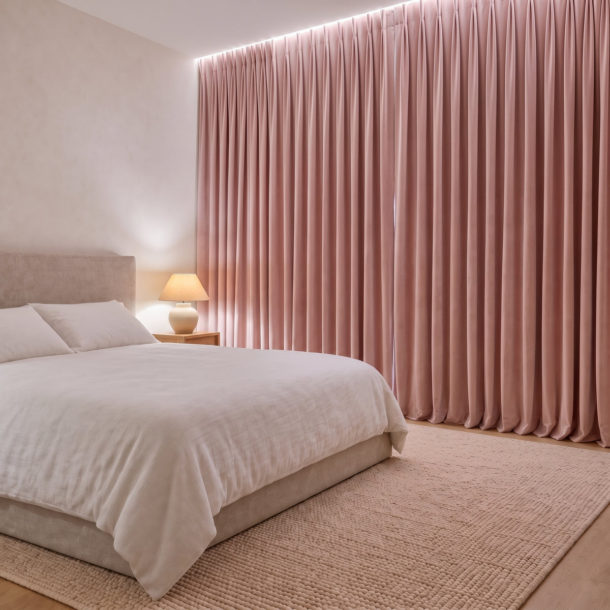 Rideau Velours Rose Pale fermé dans une chambre, pénombre douce