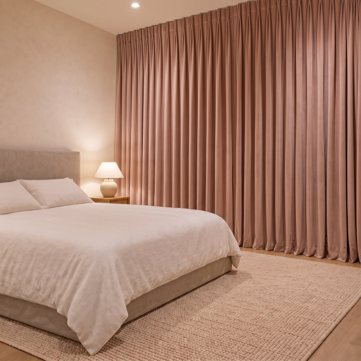 Rideaux Velours Rose Poudré fermé dans une chambre, pénombre douce