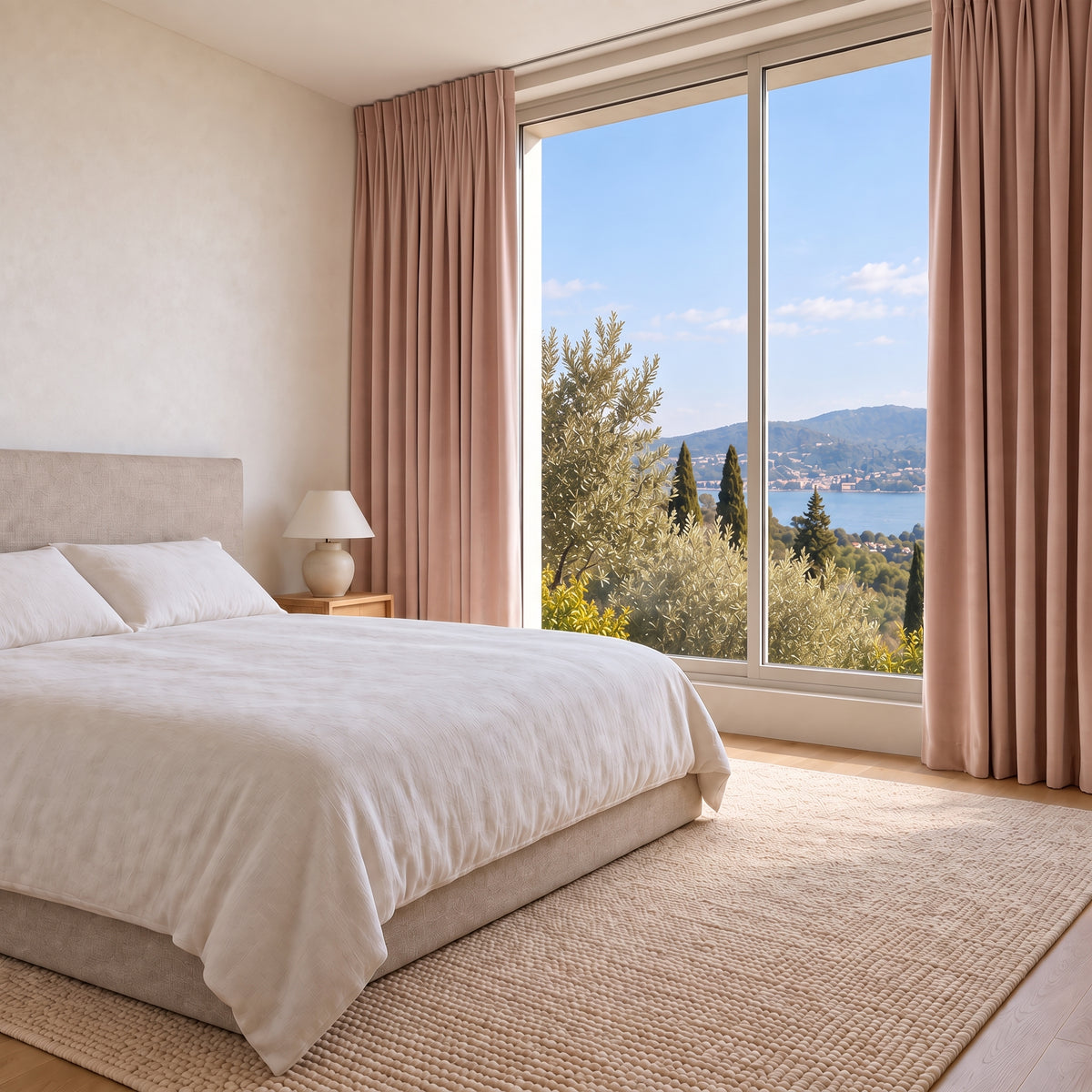 Rideaux Velours Rose Poudré chic dans une chambre lumineuse
