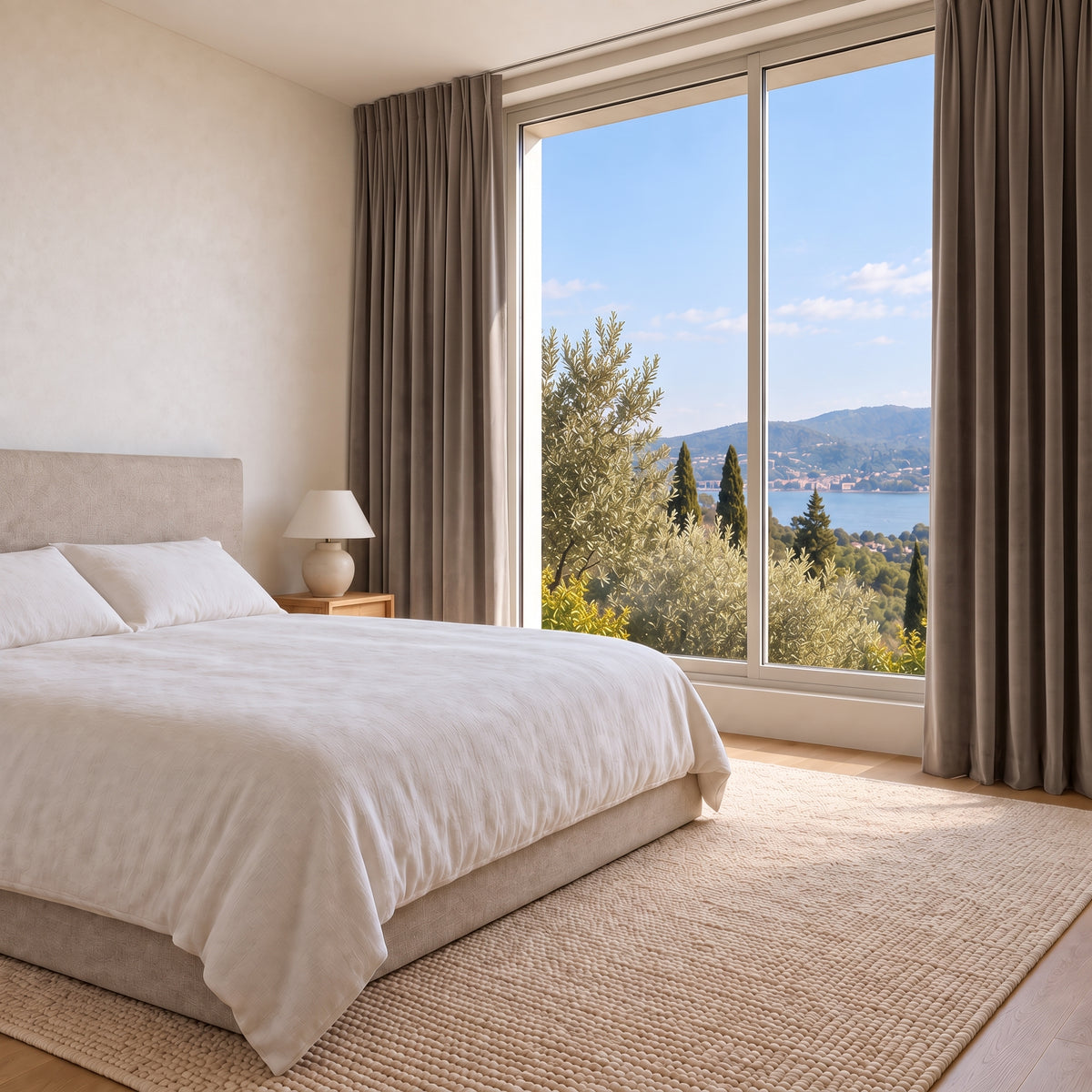 Rideau Velours Taupe chic dans une chambre lumineuse