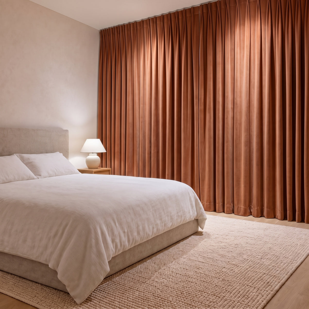 Rideau Velours Terracotta fermé dans une chambre, pénombre douce