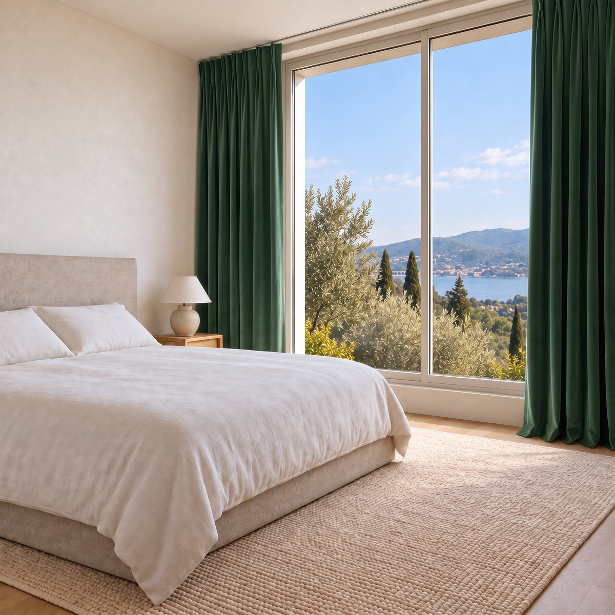 Rideau Velours Vert chic dans une chambre lumineuse