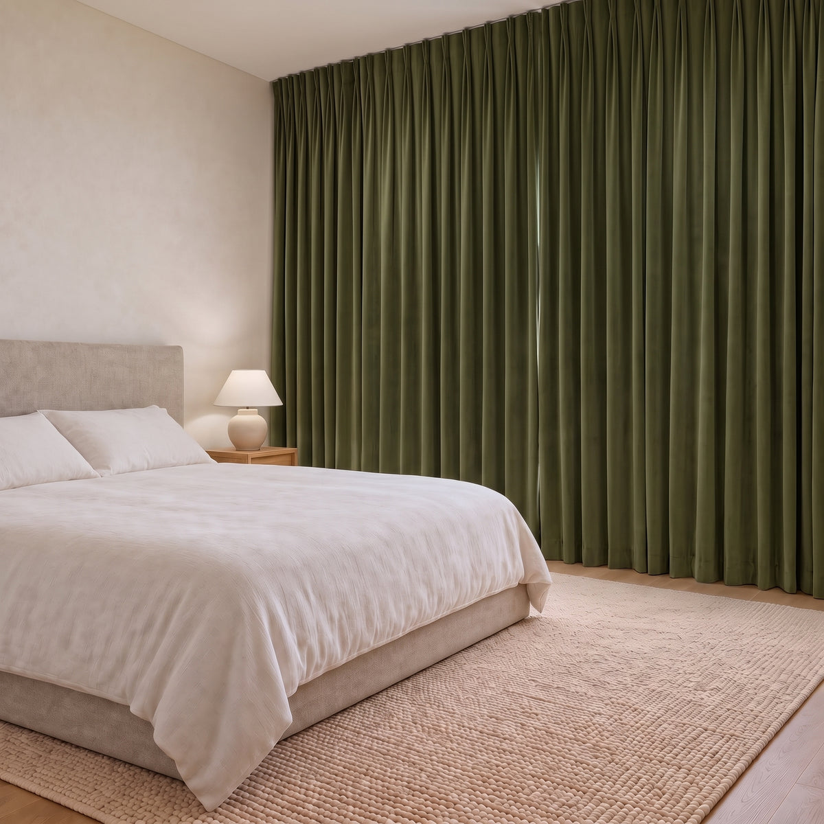 Rideaux Velours Vert Olive fermé dans une chambre, pénombre douce