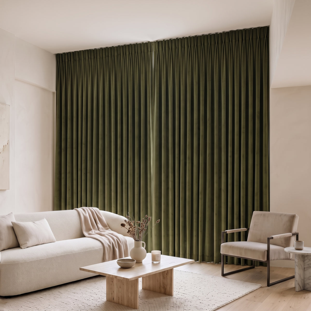 Rideaux Velours Vert Olive fermé dans un salon, lumière tamisée