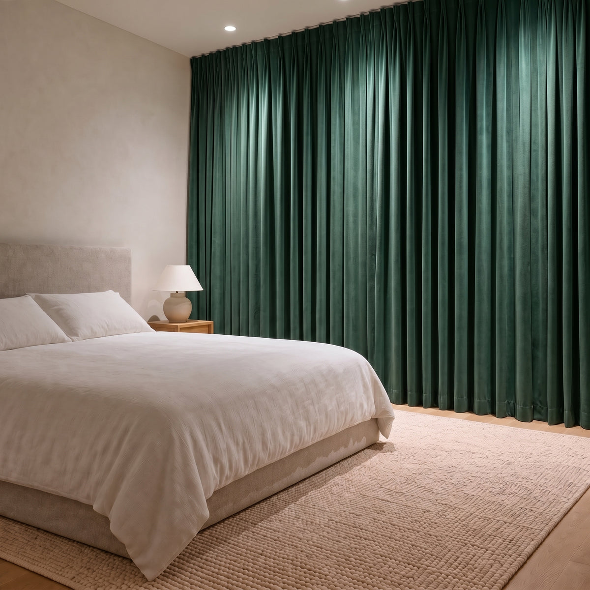 Rideau Velours Vert Sapin fermé dans une chambre, pénombre douce