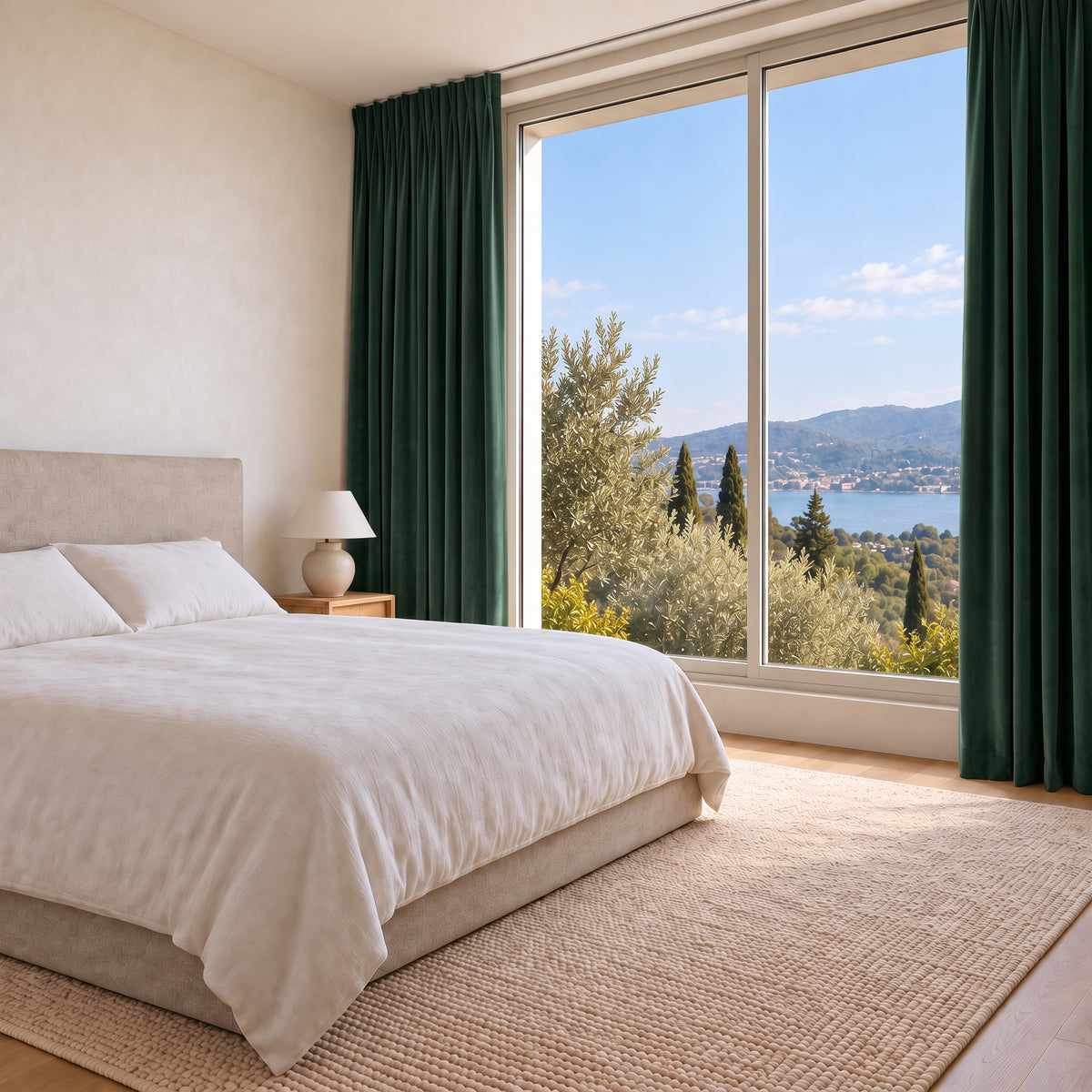 Rideau Velours Vert Sapin chic dans une chambre lumineuse