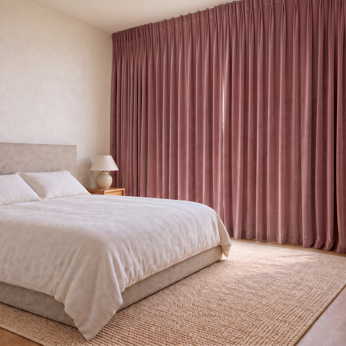 Rideaux Velours Vieux Rose fermé dans une chambre, pénombre douce