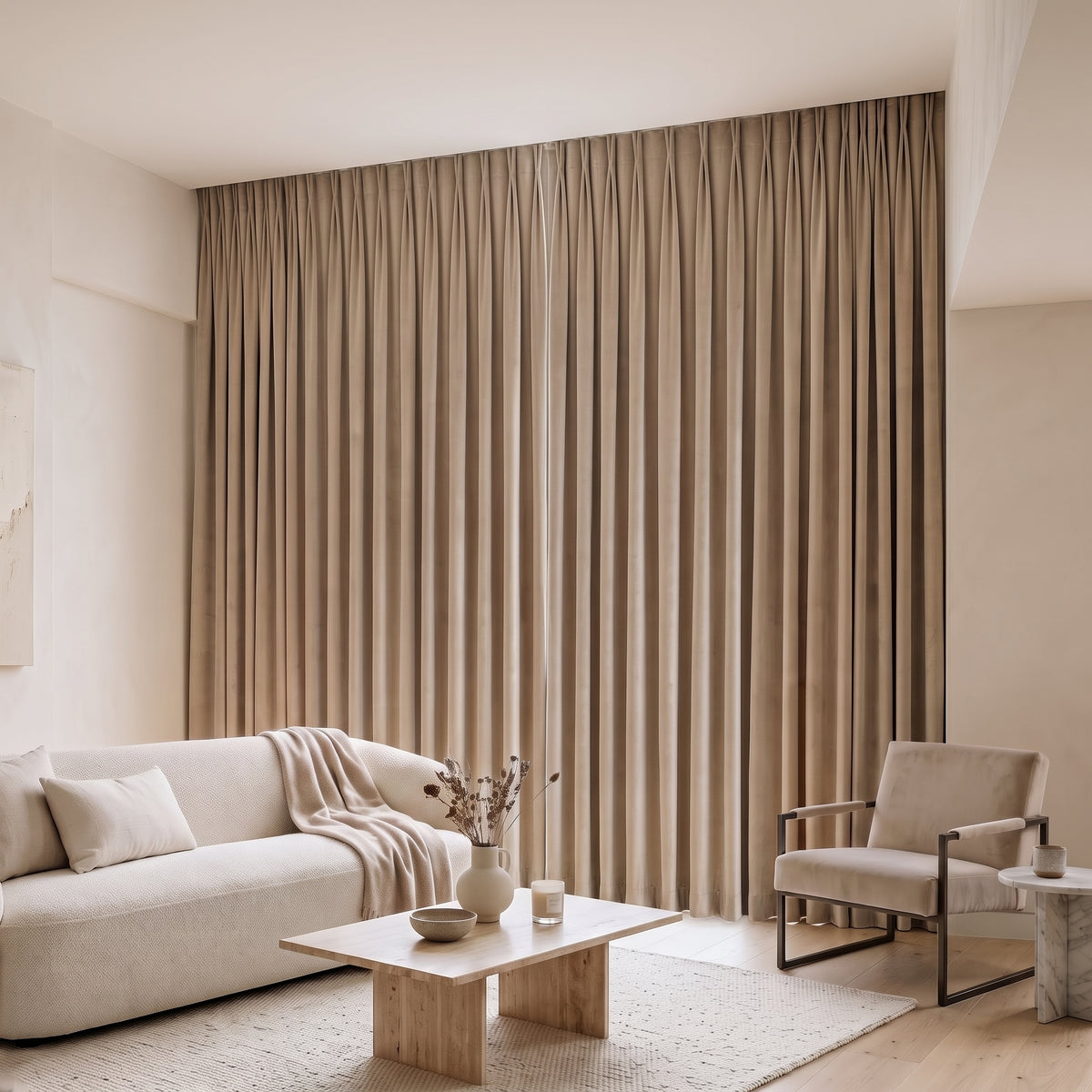 Rideau Velours Beige fermé dans un salon, lumière tamisée