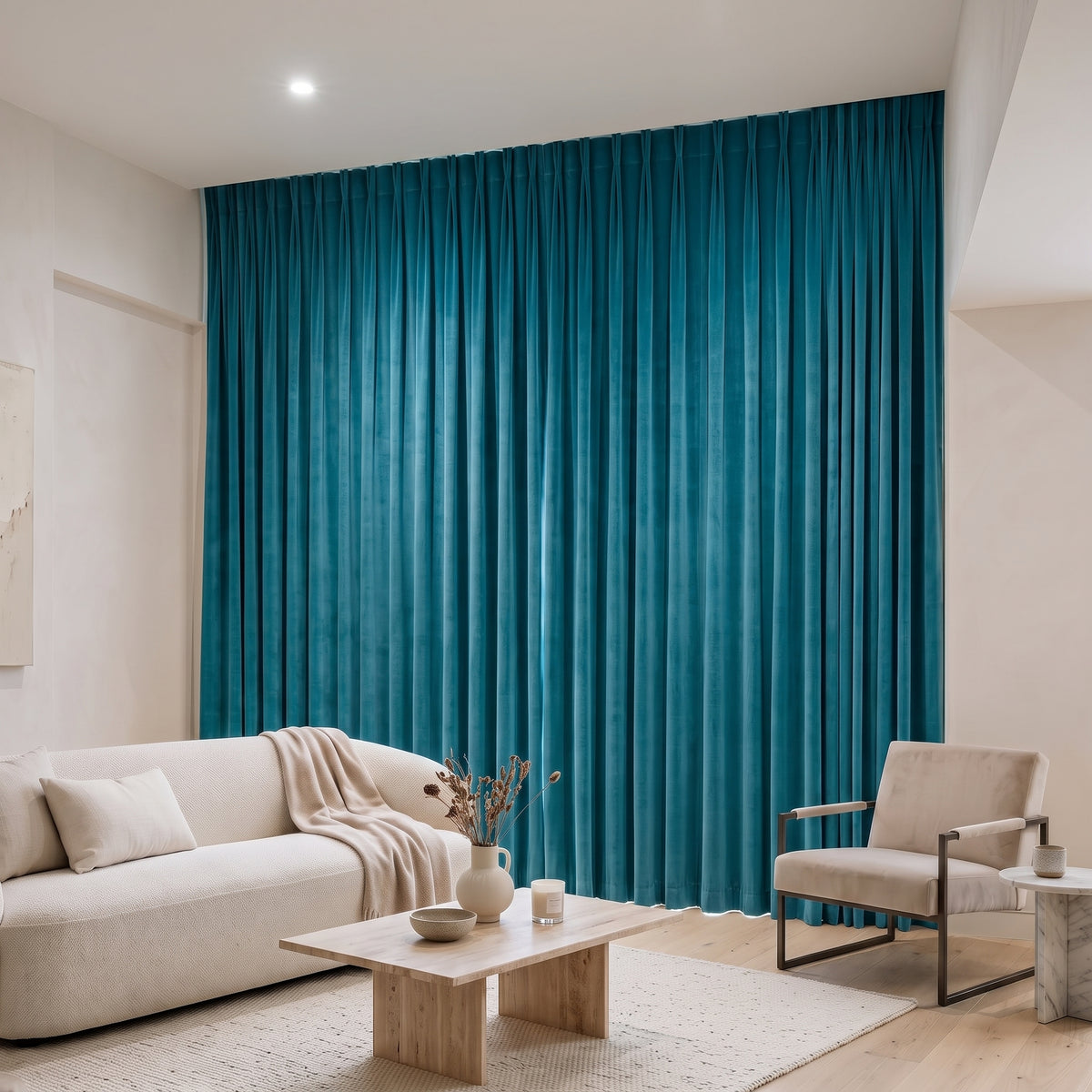 Rideau Velours Bleu Turquoise fermé dans un salon, lumière tamisée
