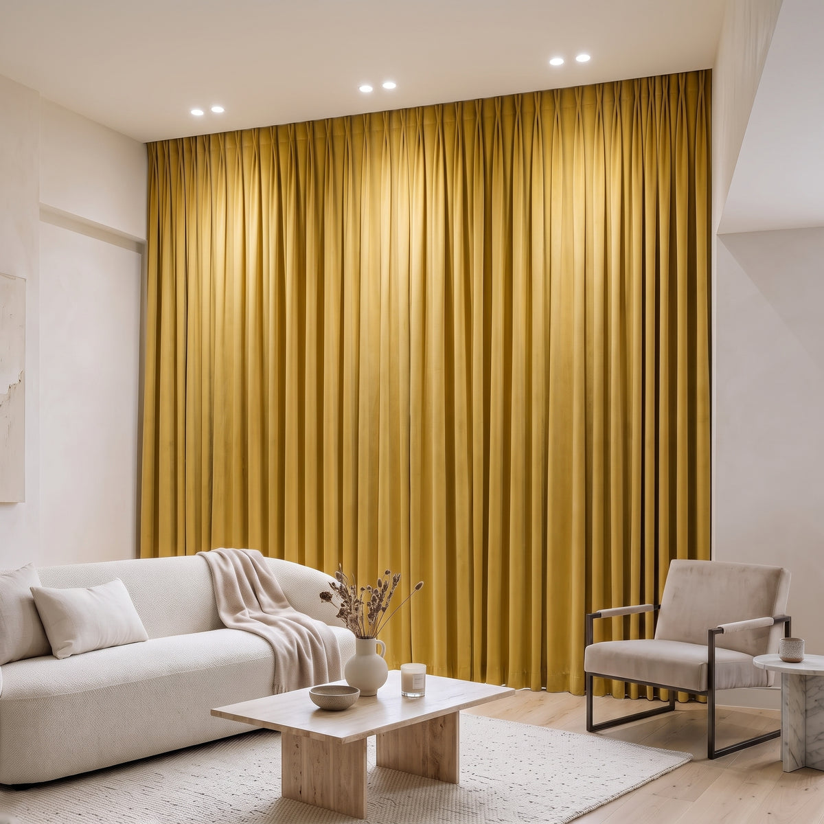 Rideau Velours Jaune fermé dans un salon, lumière tamisée