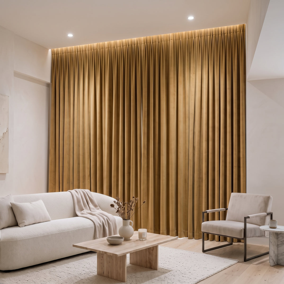 Rideaux Velours Ocre fermé dans un salon, lumière tamisée