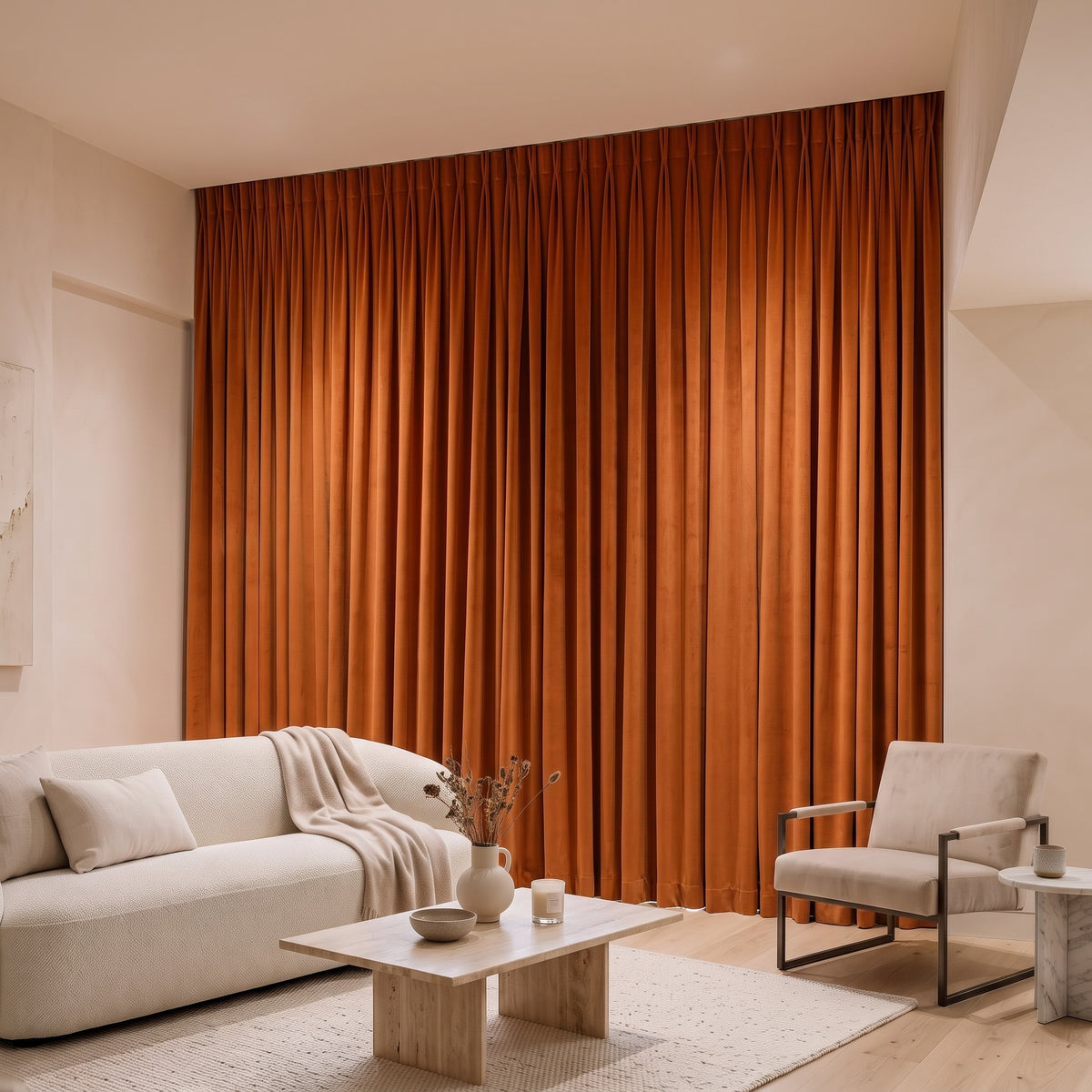 Rideau Velours Orange fermé dans un salon, lumière tamisée