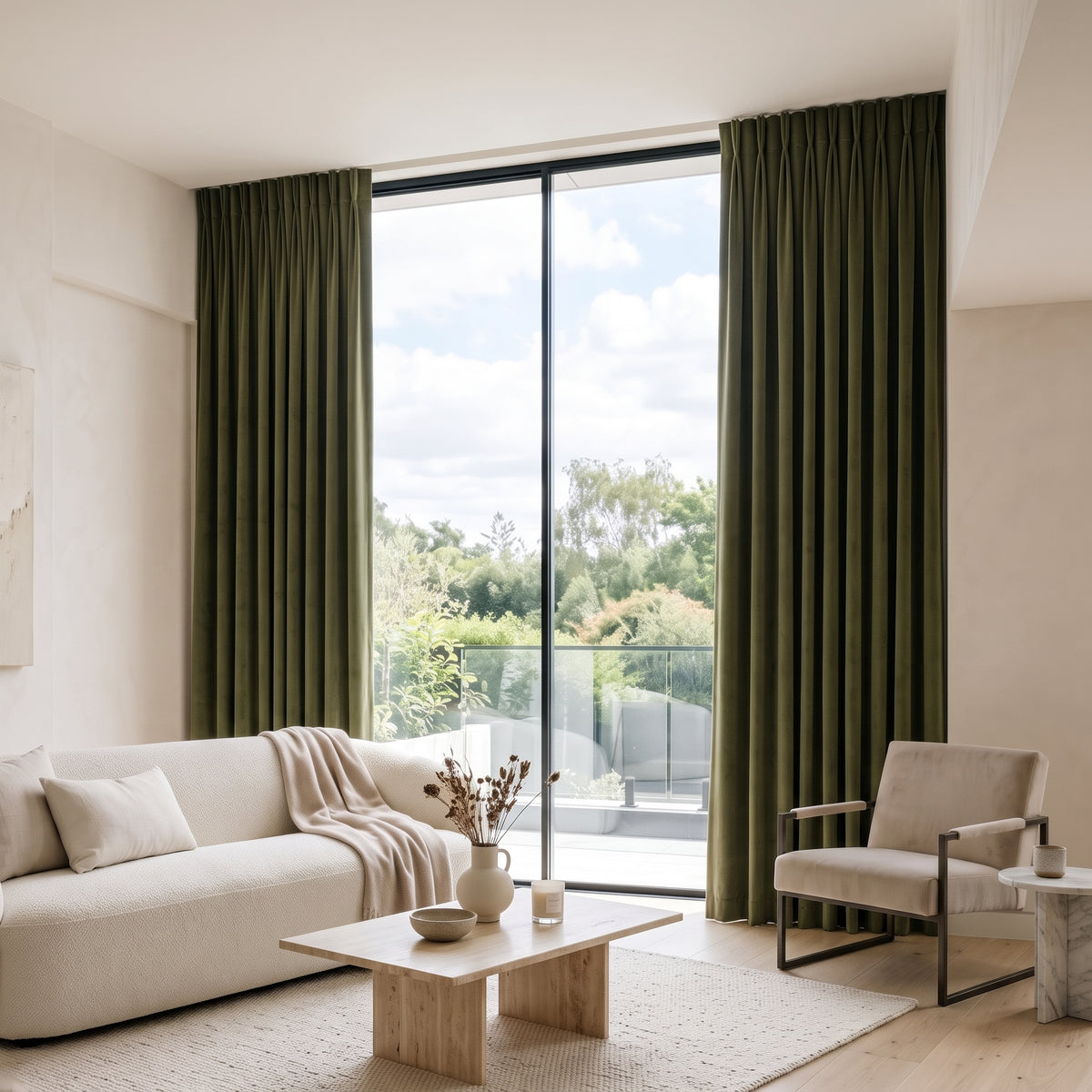 rideaux velours vert olive